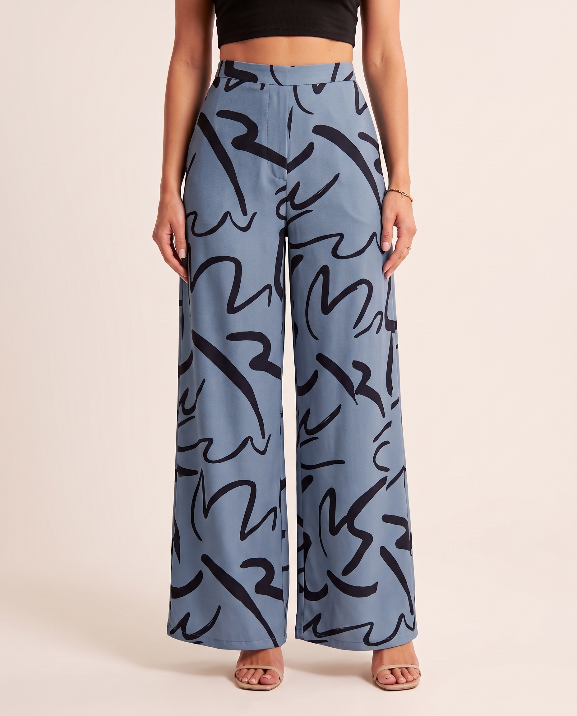 Printed Wide Leg Trousers – Blue front