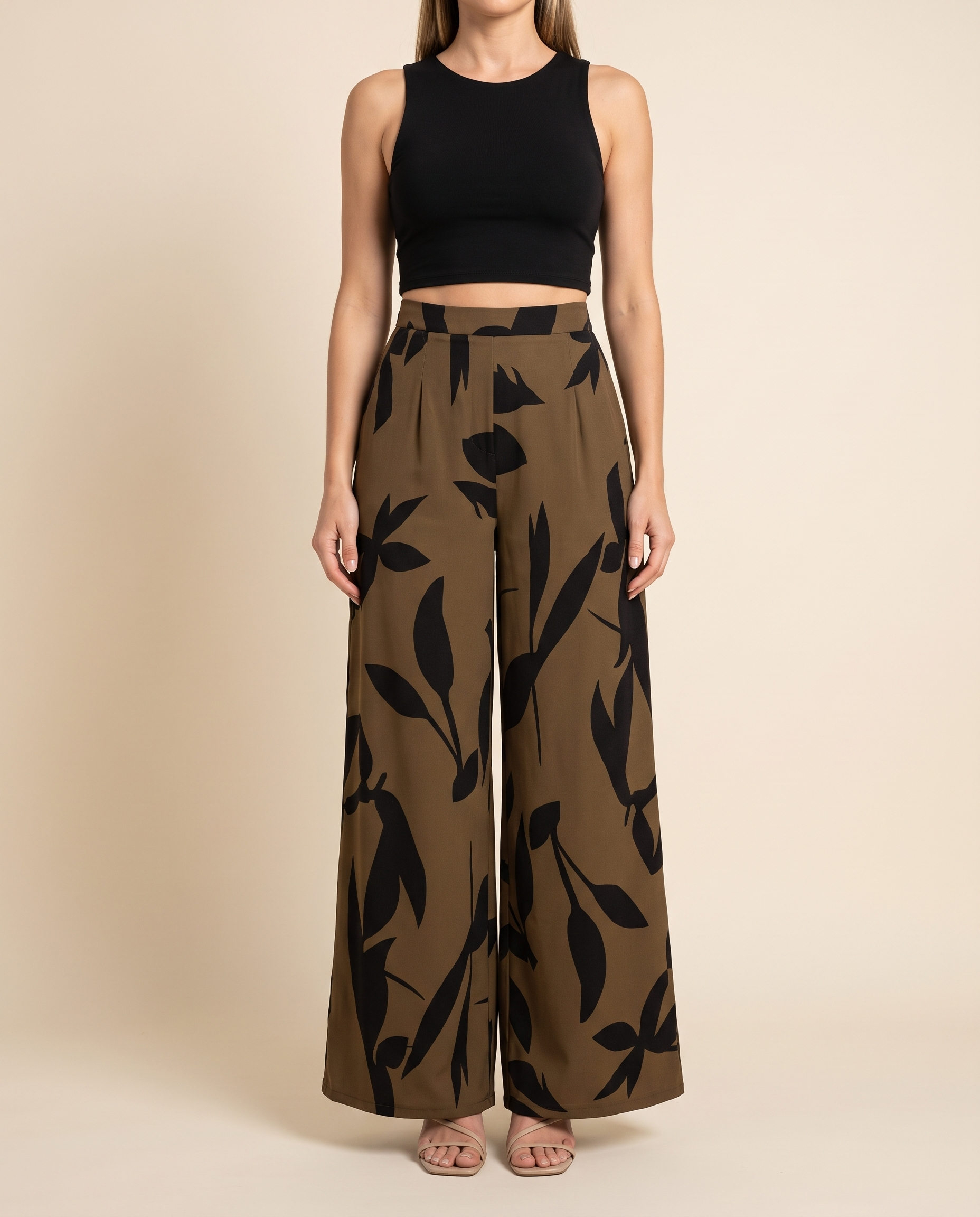 Printed Wide Leg Trousers – Brown front
