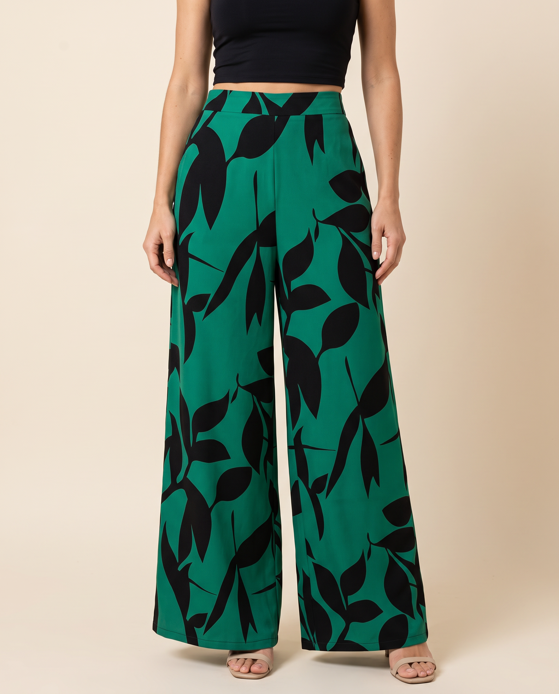 Printed Wide Leg Trousers – Green front
