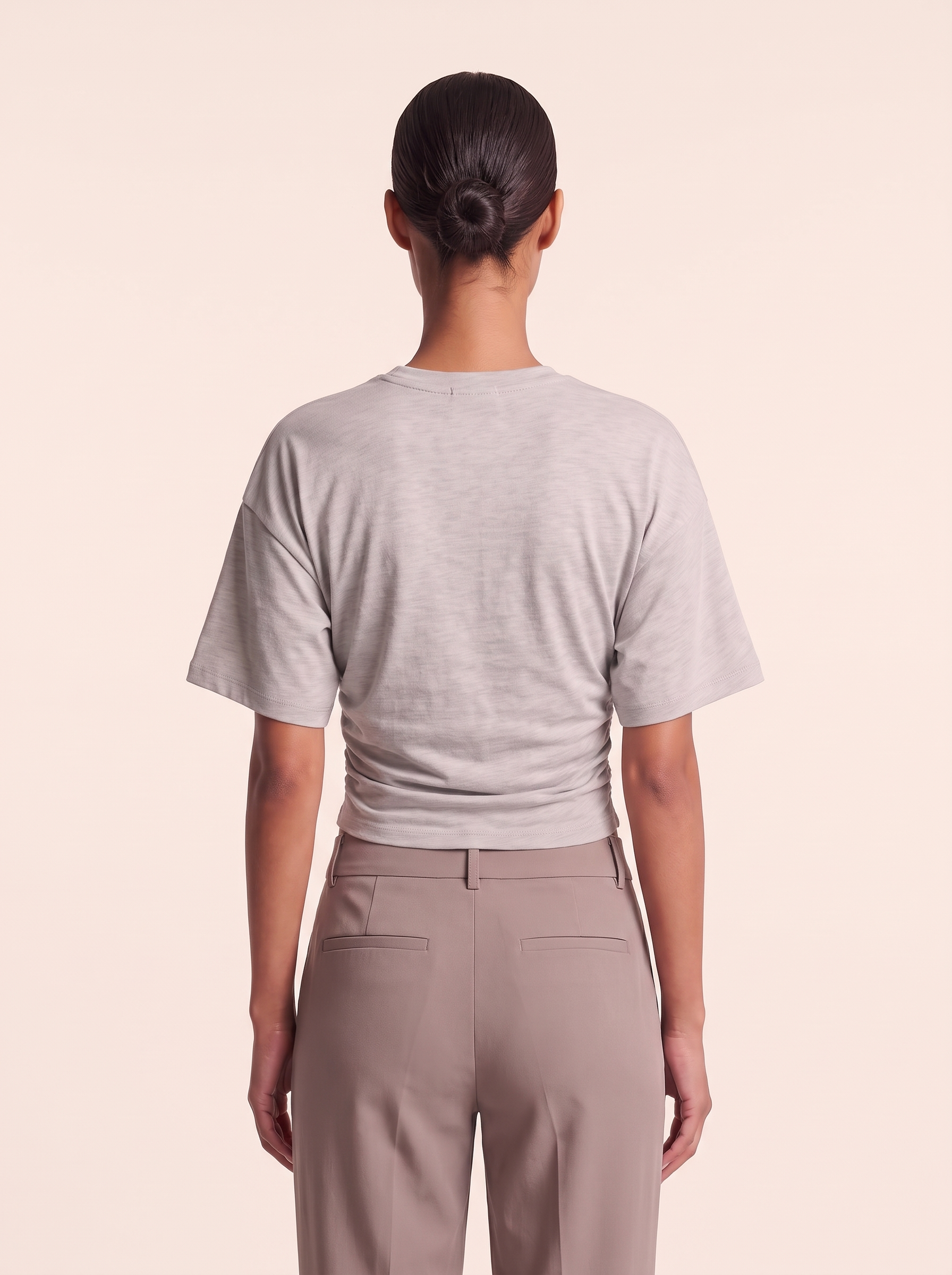 Relaxed Crop T Shirt with Crew Neck — full-length studio back view on a warm ivory seamless background