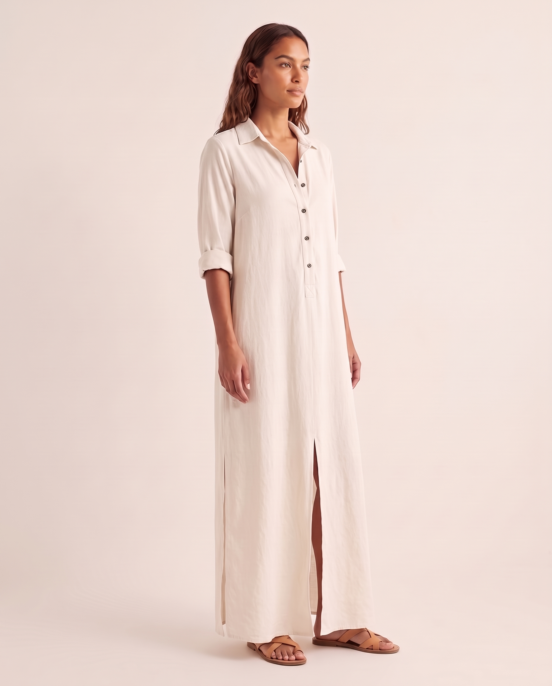 White shirt maxi dress three-quarter