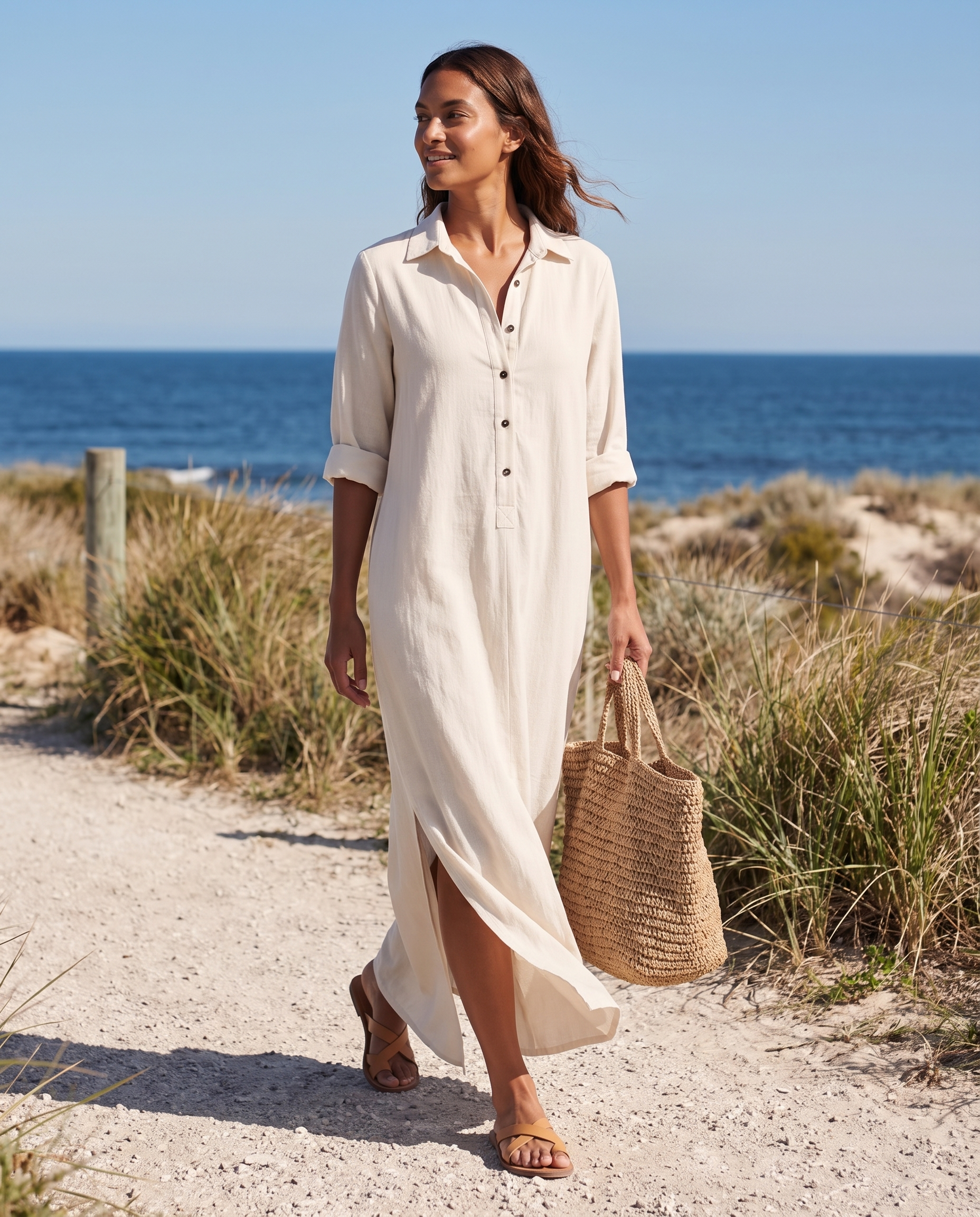 White shirt maxi dress coastal lifestyle