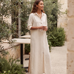 White shirt maxi dress cafe lifestyle