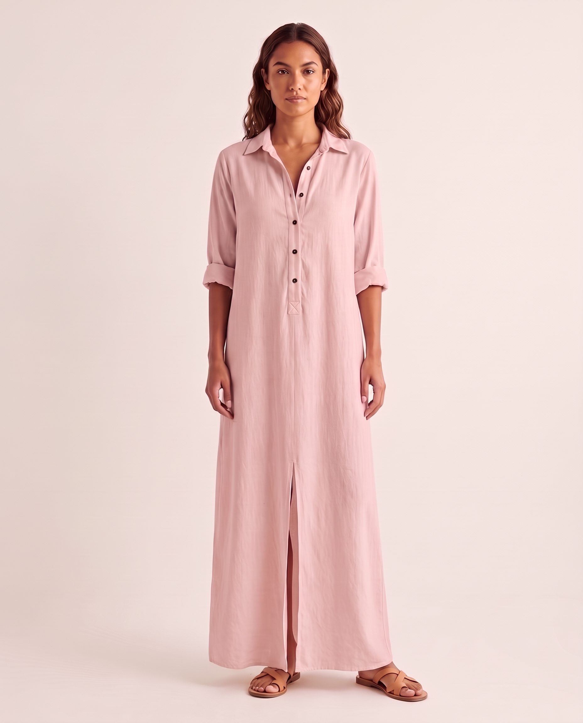 Pink shirt maxi dress studio front