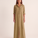 Khaki shirt maxi dress studio front