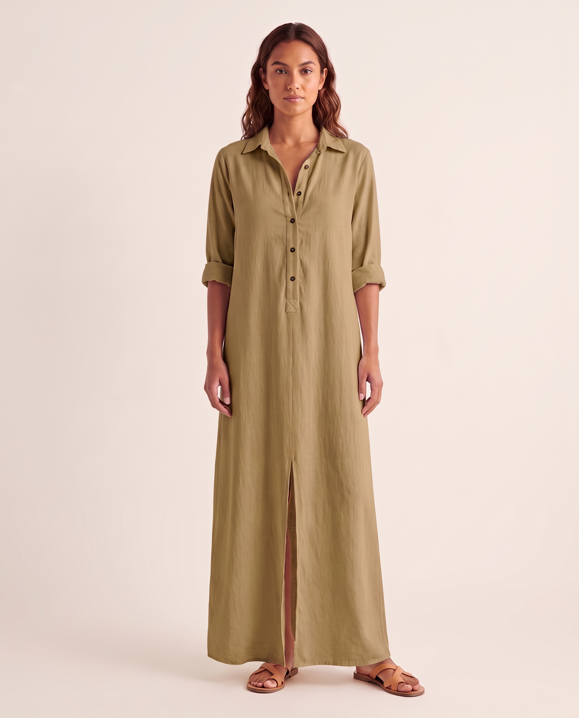 Khaki shirt maxi dress studio front