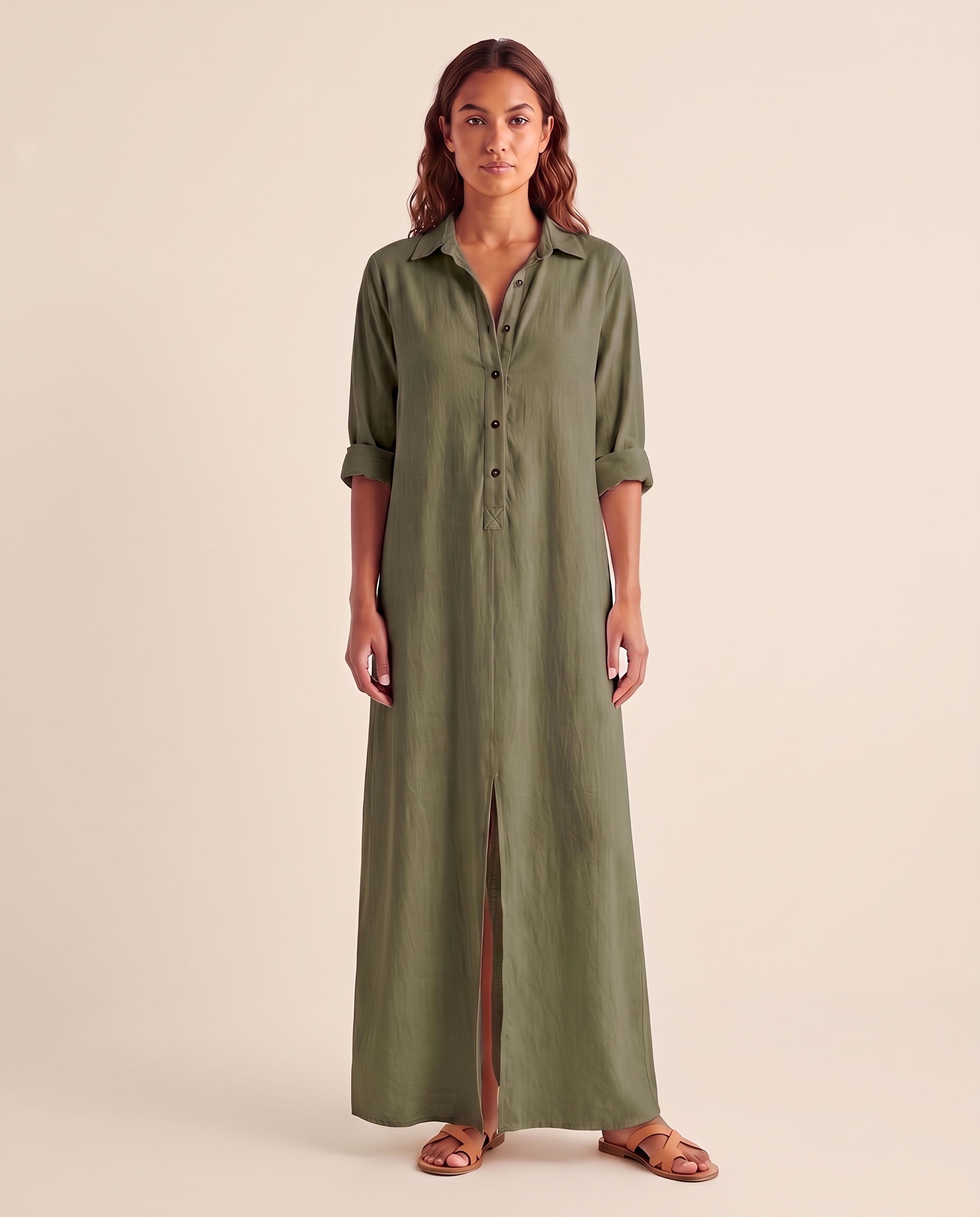 Army green shirt maxi dress studio front