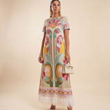 Remi Printed Feather-Trim Maxi Dress — front studio
