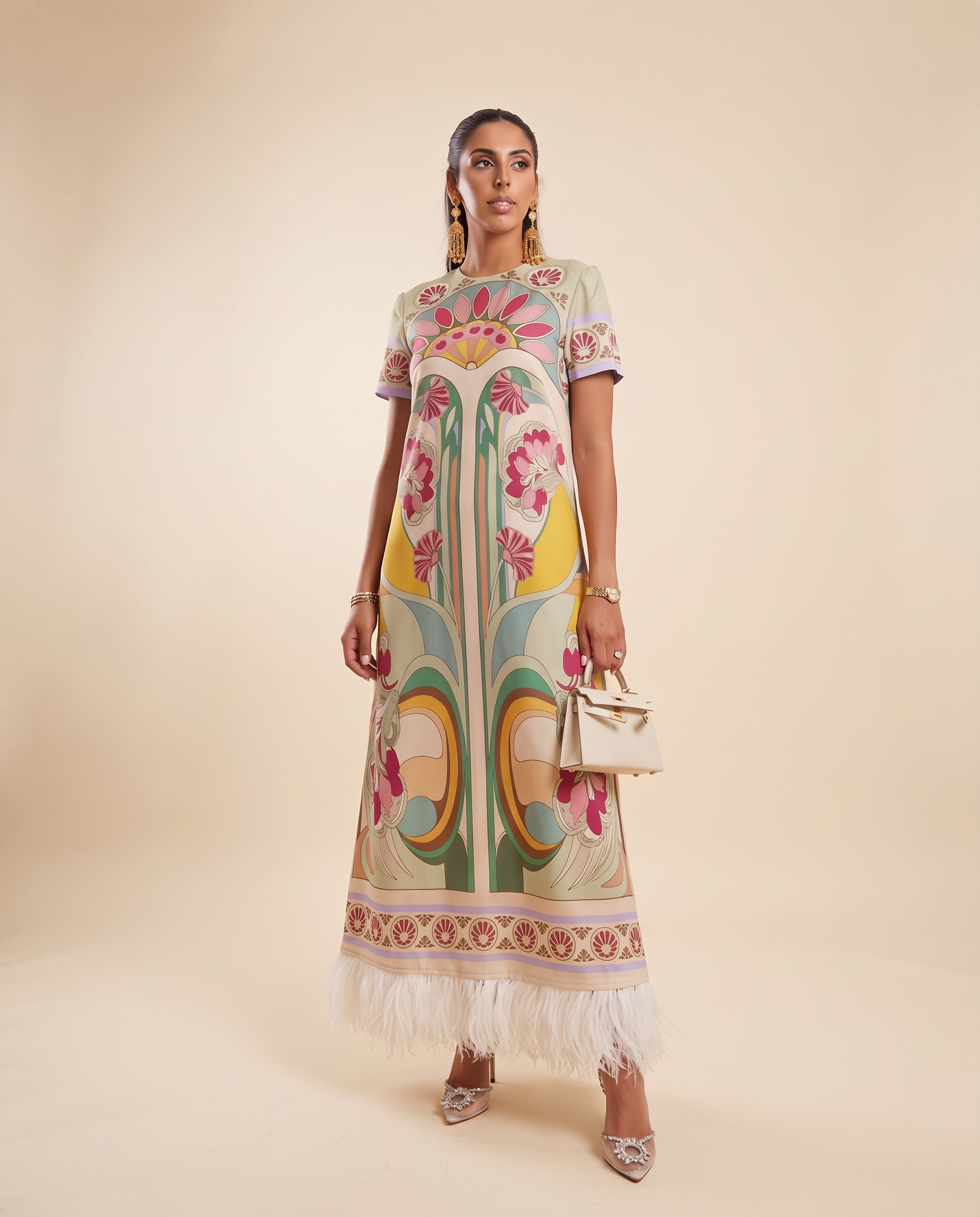 Remi Printed Feather-Trim Maxi Dress — front studio