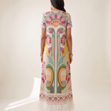 Remi Printed Feather-Trim Maxi Dress — back studio
