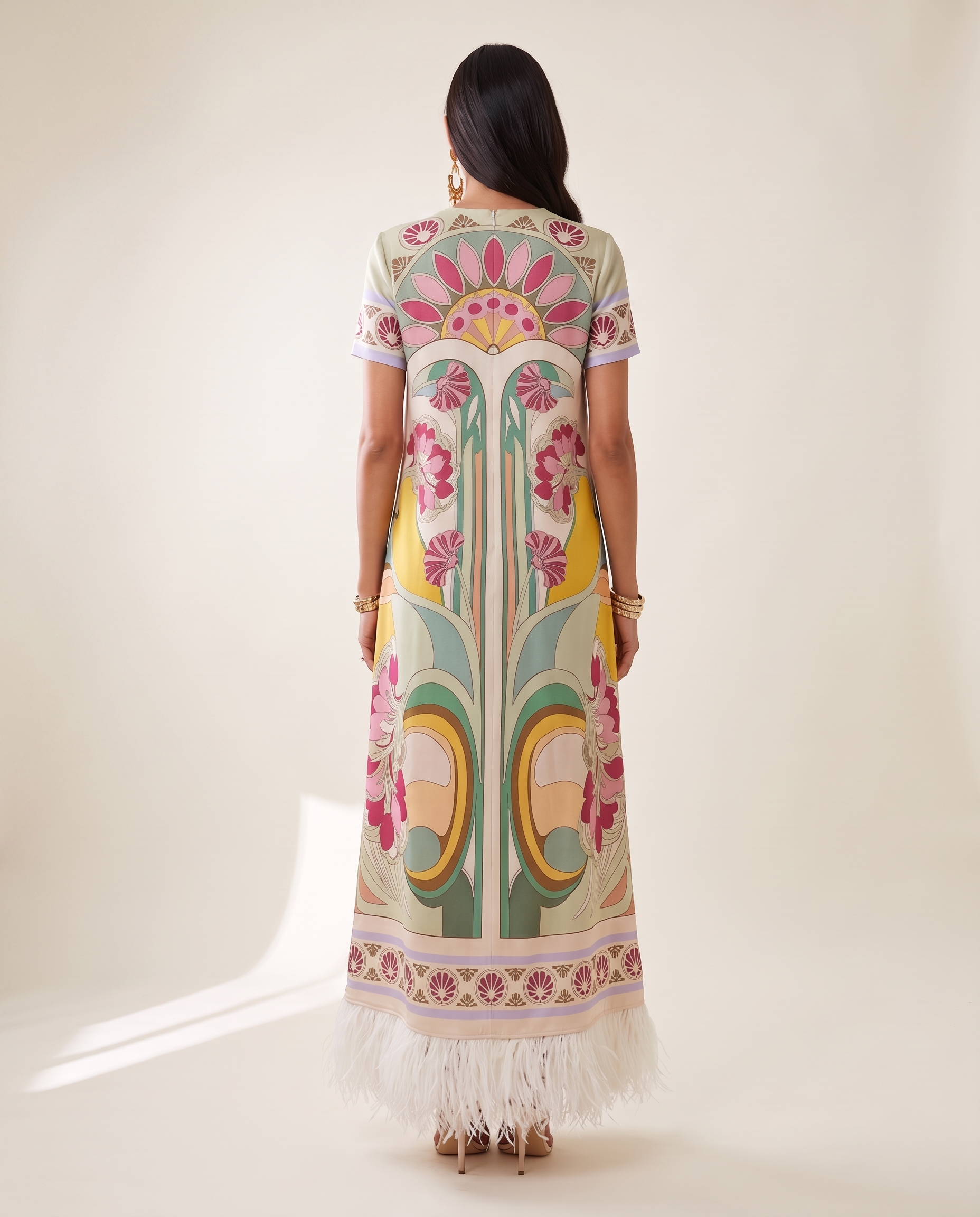 Remi Printed Feather-Trim Maxi Dress — back studio