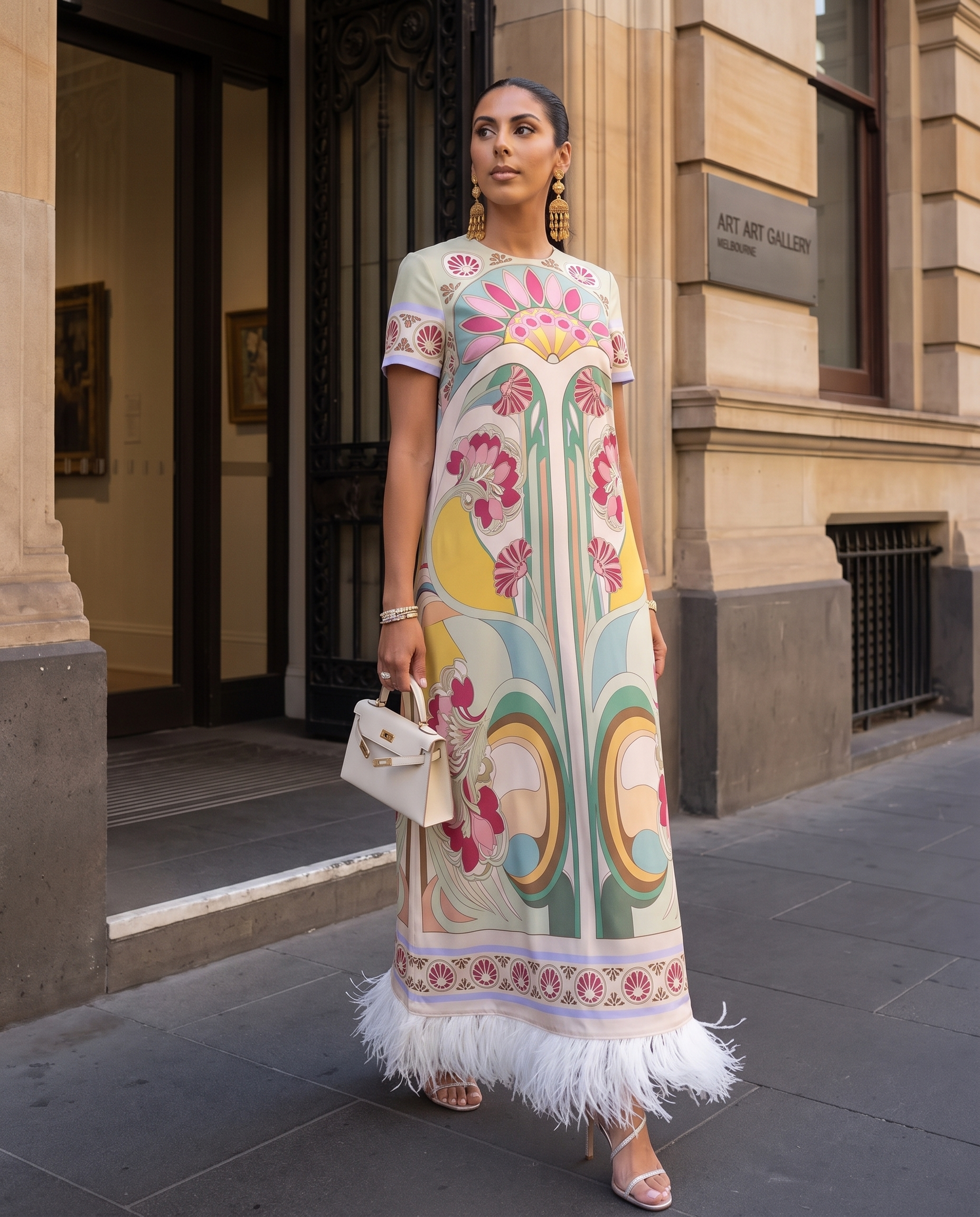 Remi Printed Feather-Trim Maxi Dress — Melbourne lifestyle