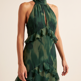 Riva dark green floral ruffle maxi dress detail