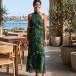 Riva dark green floral ruffle maxi dress Australian lifestyle