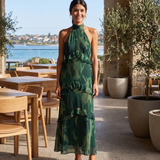 Riva dark green floral ruffle maxi dress Australian lifestyle