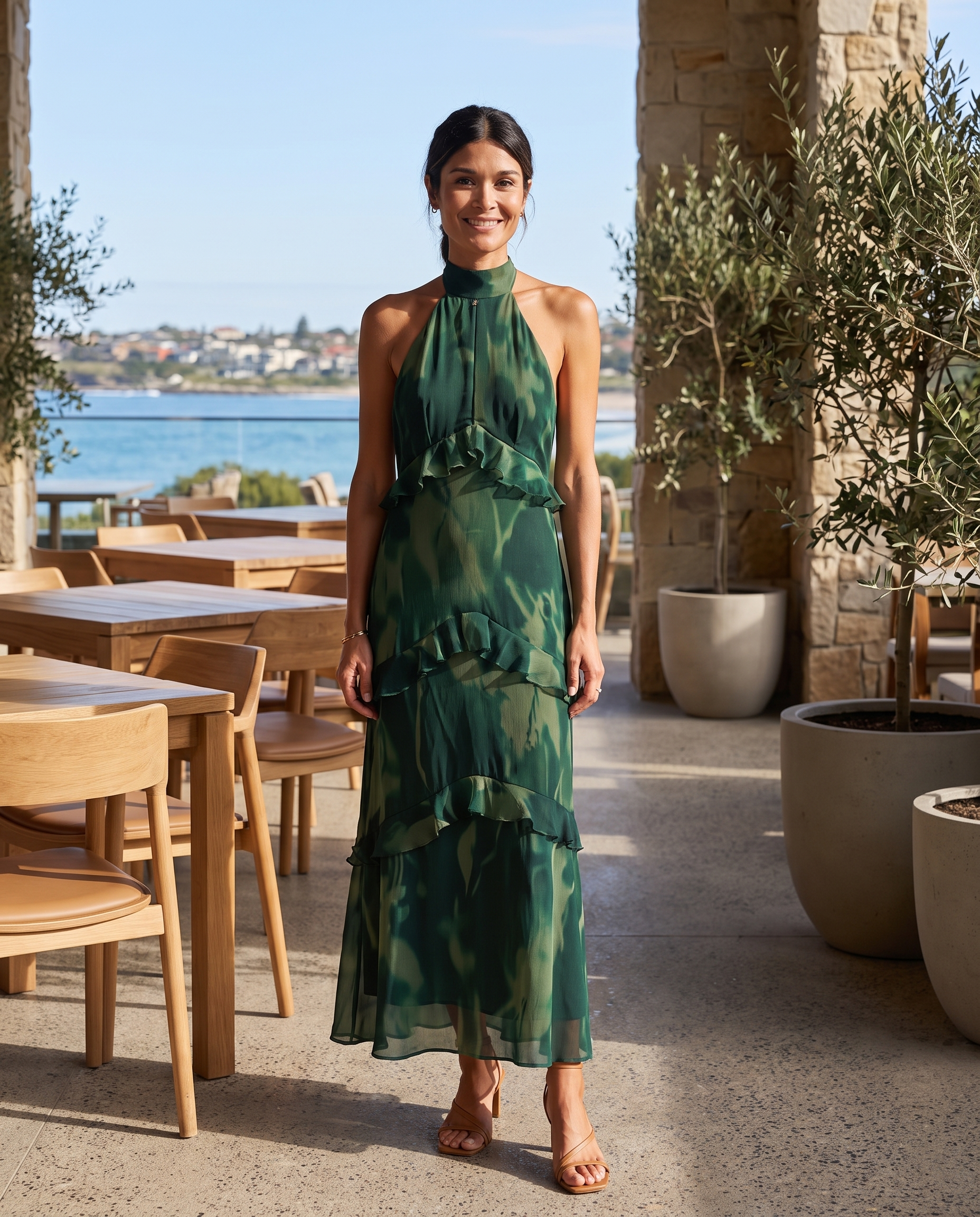 Riva dark green floral ruffle maxi dress Australian lifestyle