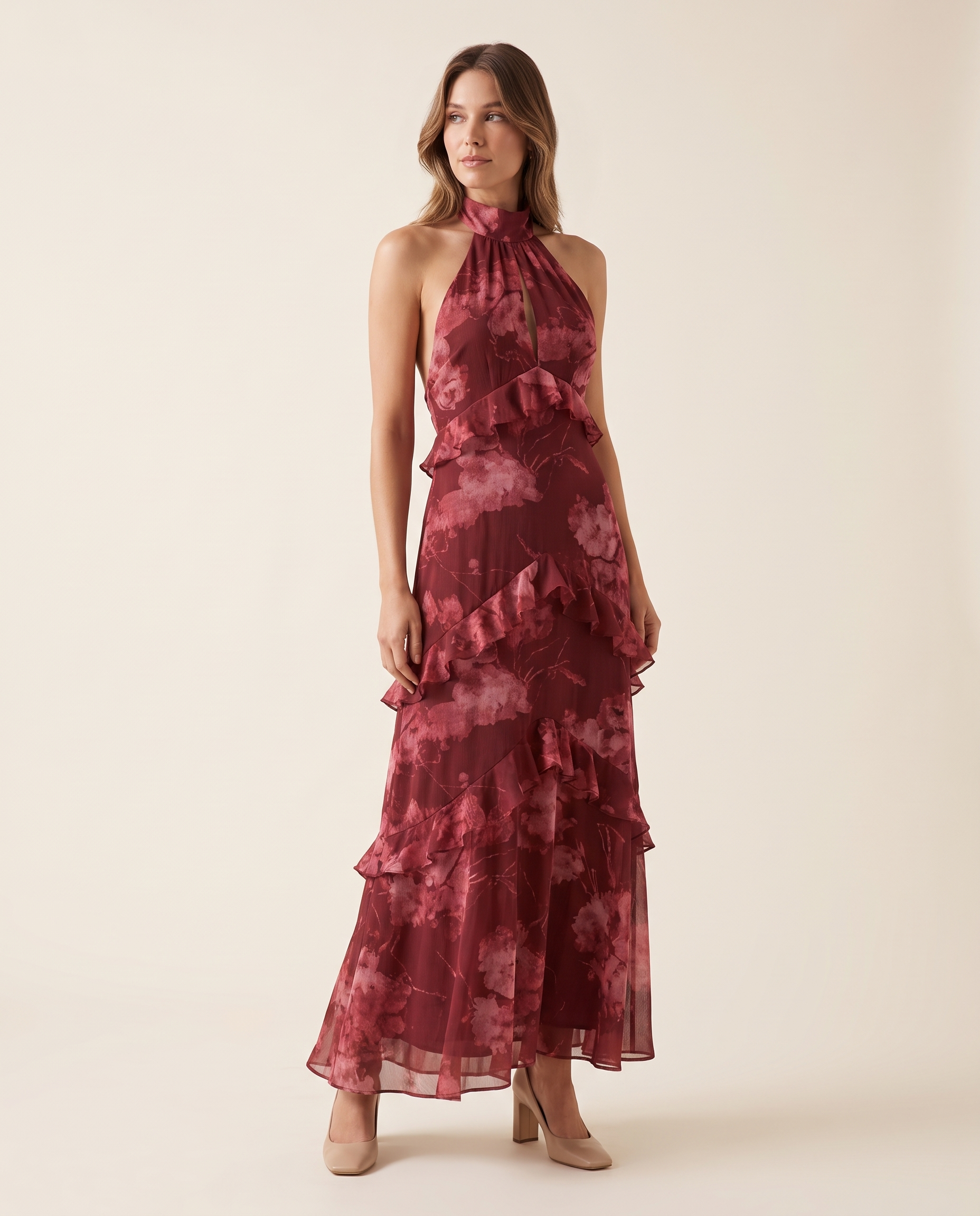 Riva red floral ruffle maxi dress studio