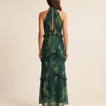 Riva dark green floral ruffle maxi dress back studio
