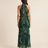 Riva dark green floral ruffle maxi dress back studio