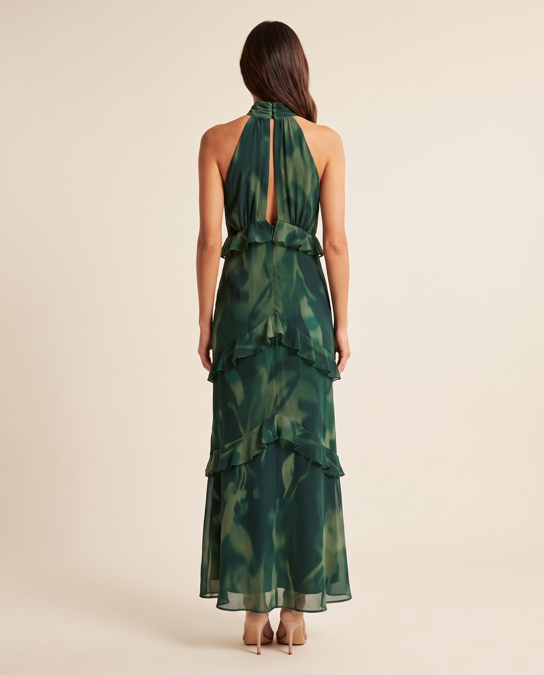 Riva dark green floral ruffle maxi dress back studio