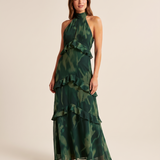 Riva dark green floral ruffle maxi dress front studio