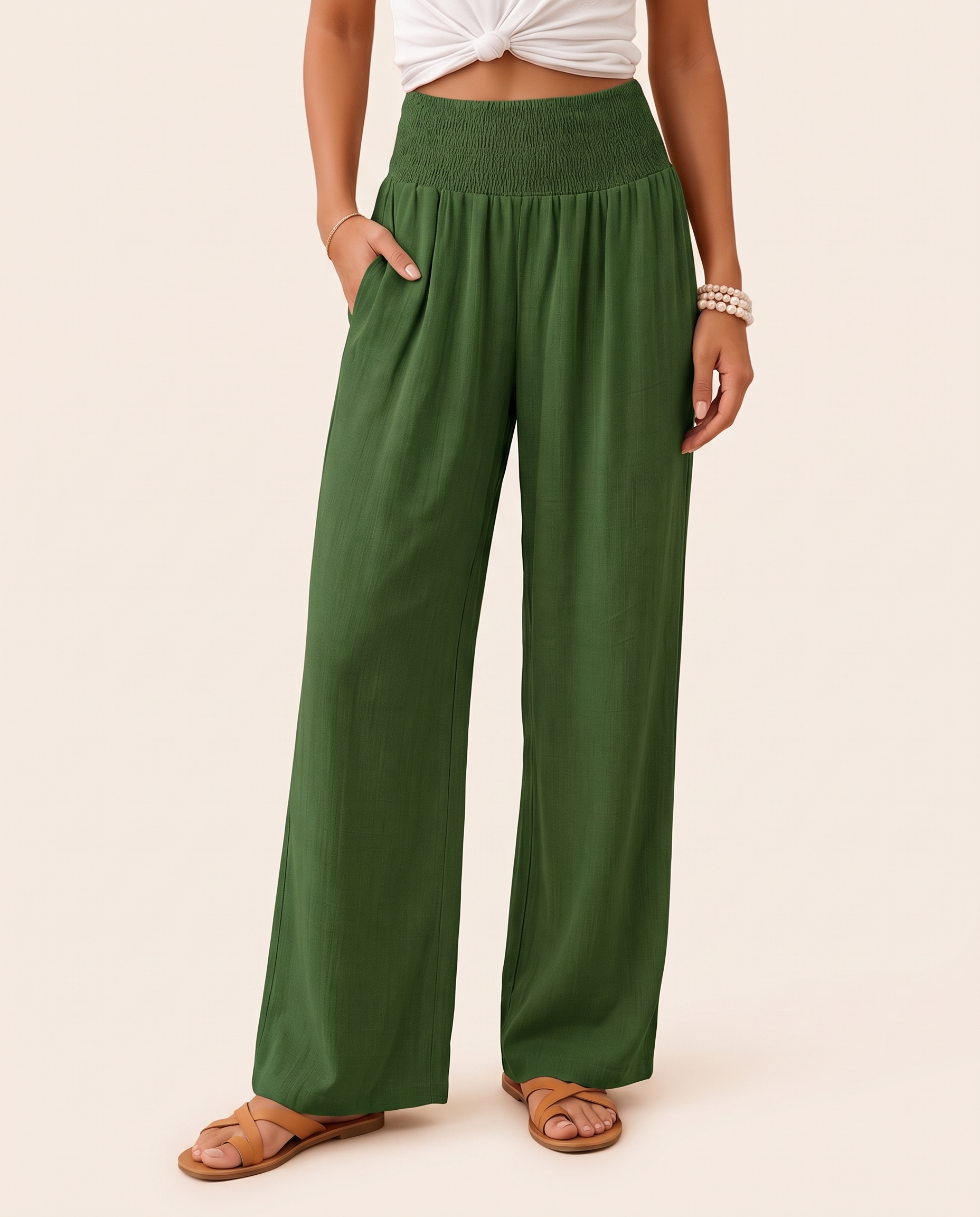 High Waist Relaxed Wide Leg Pants in Dark Green, studio view