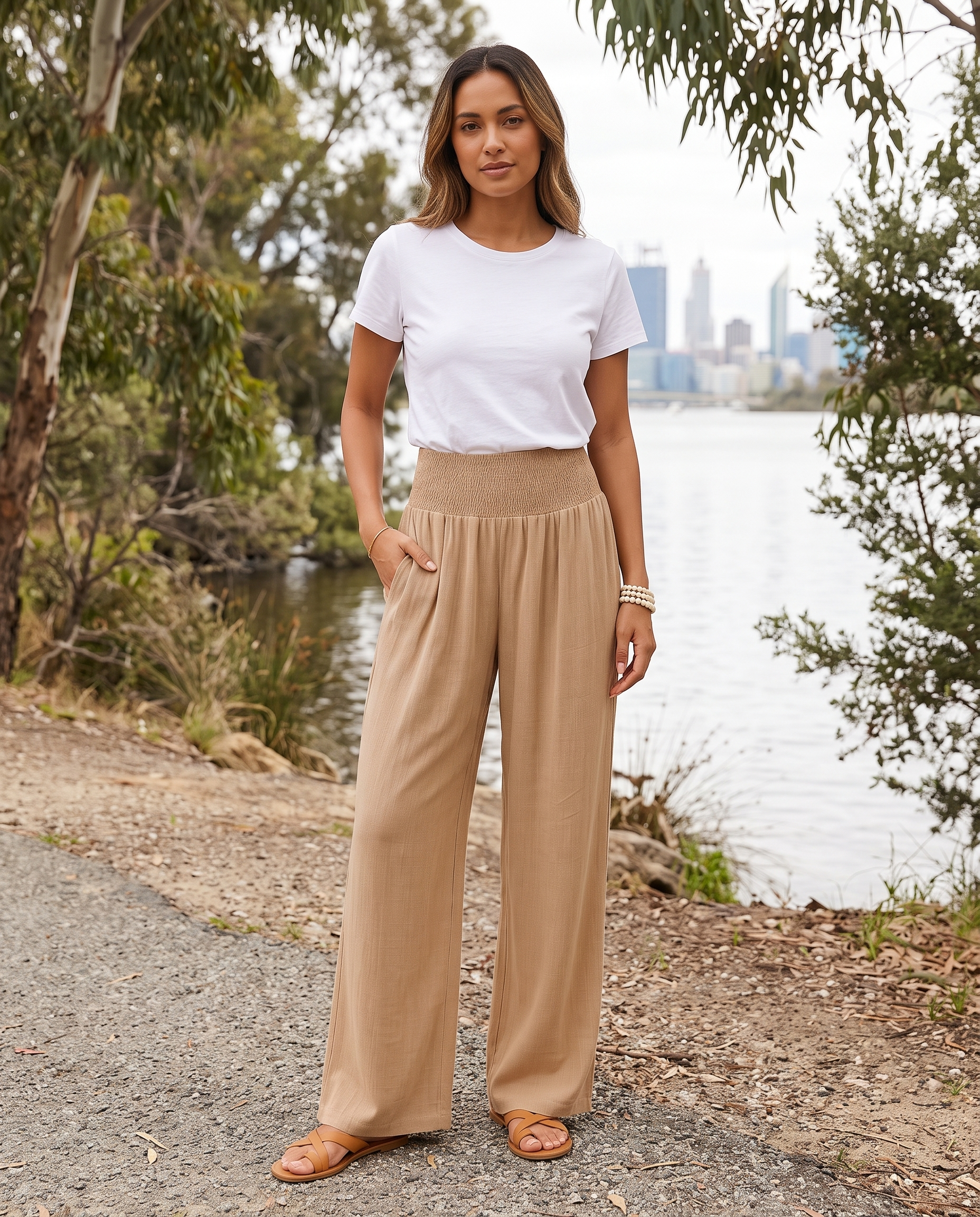 High Waist Relaxed Wide Leg Pants in Khaki, lifestyle view