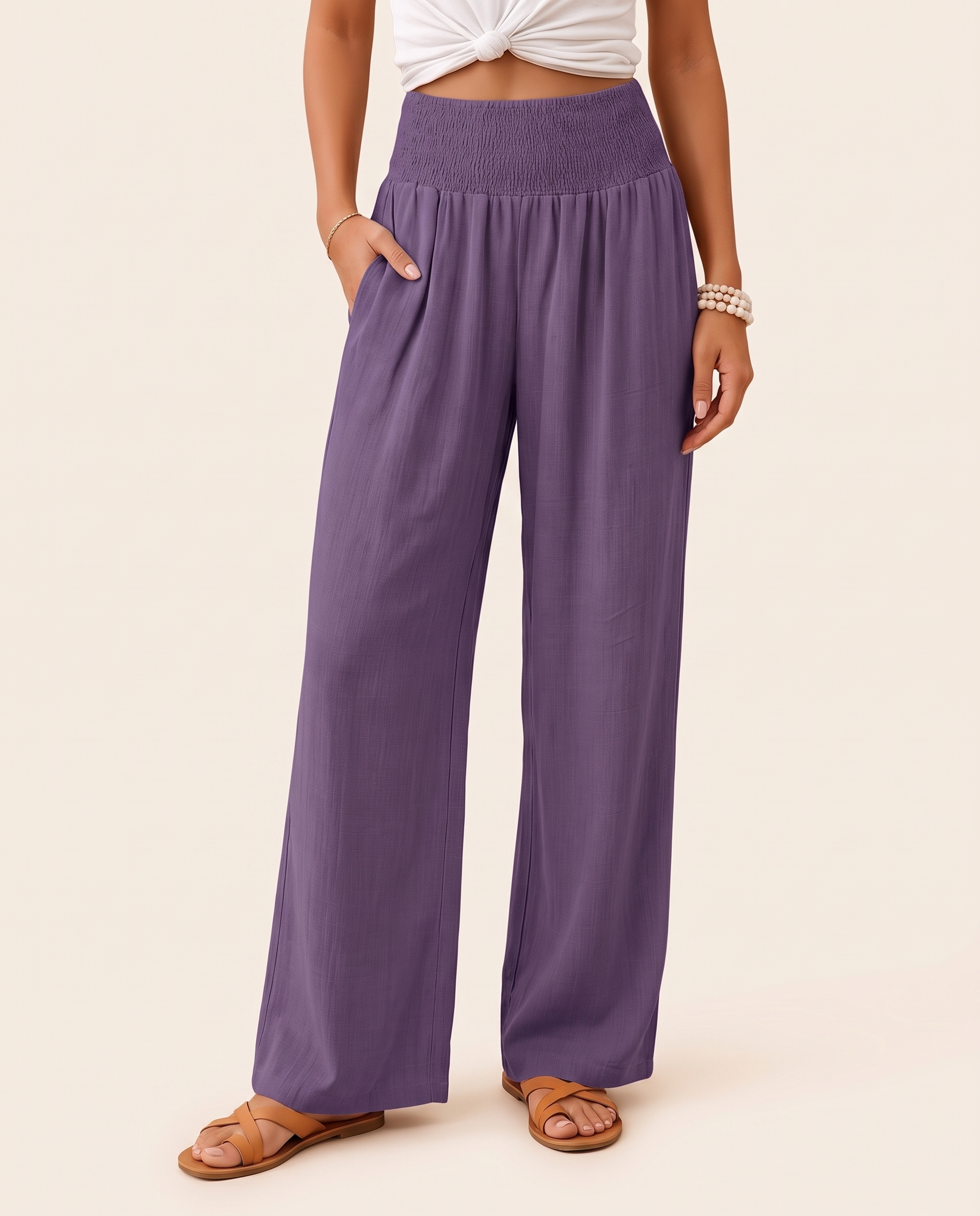 High Waist Relaxed Wide Leg Pants in Purple, studio view