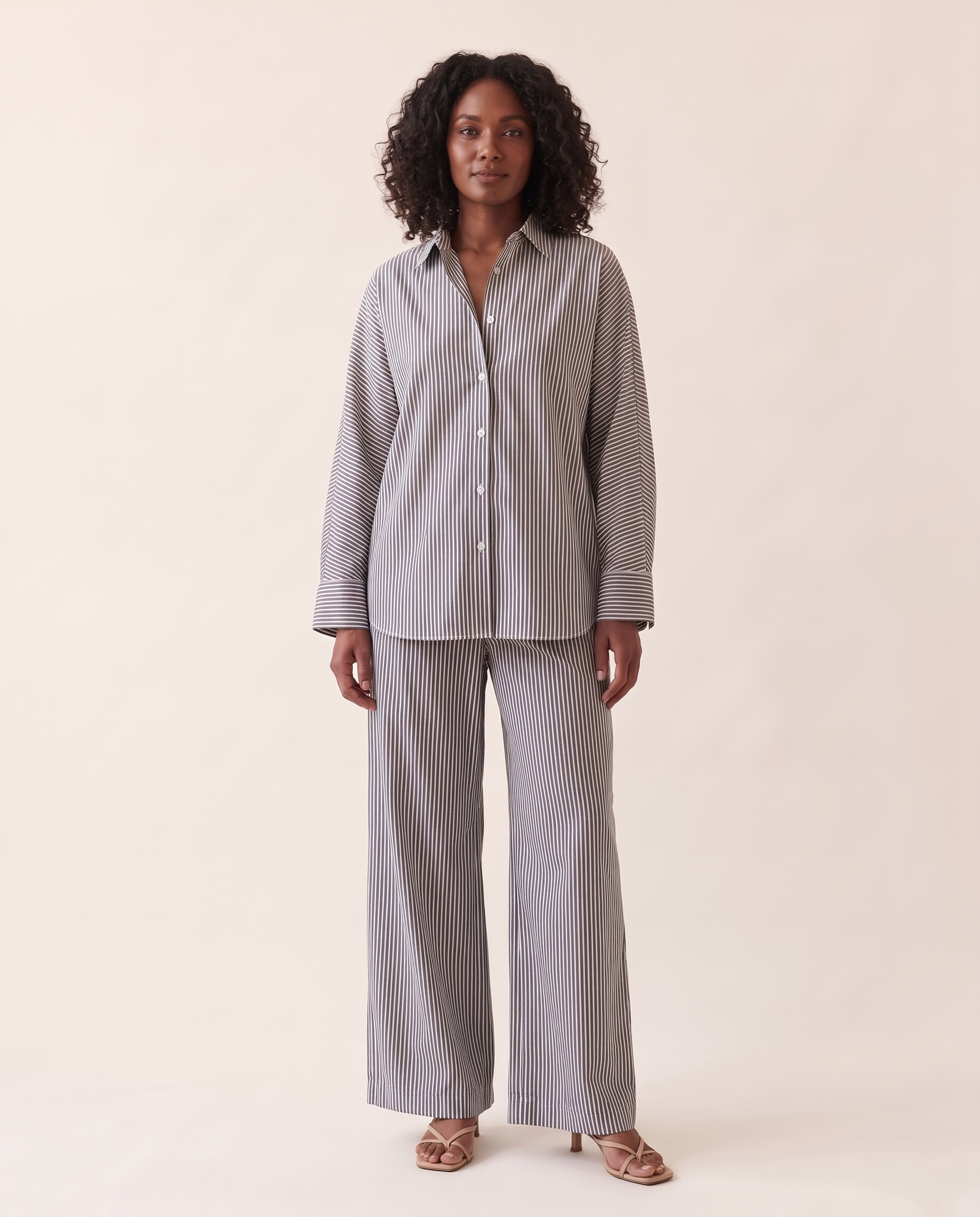 Long Sleeve Shirt and Wide Leg Pants Set — front studio view
