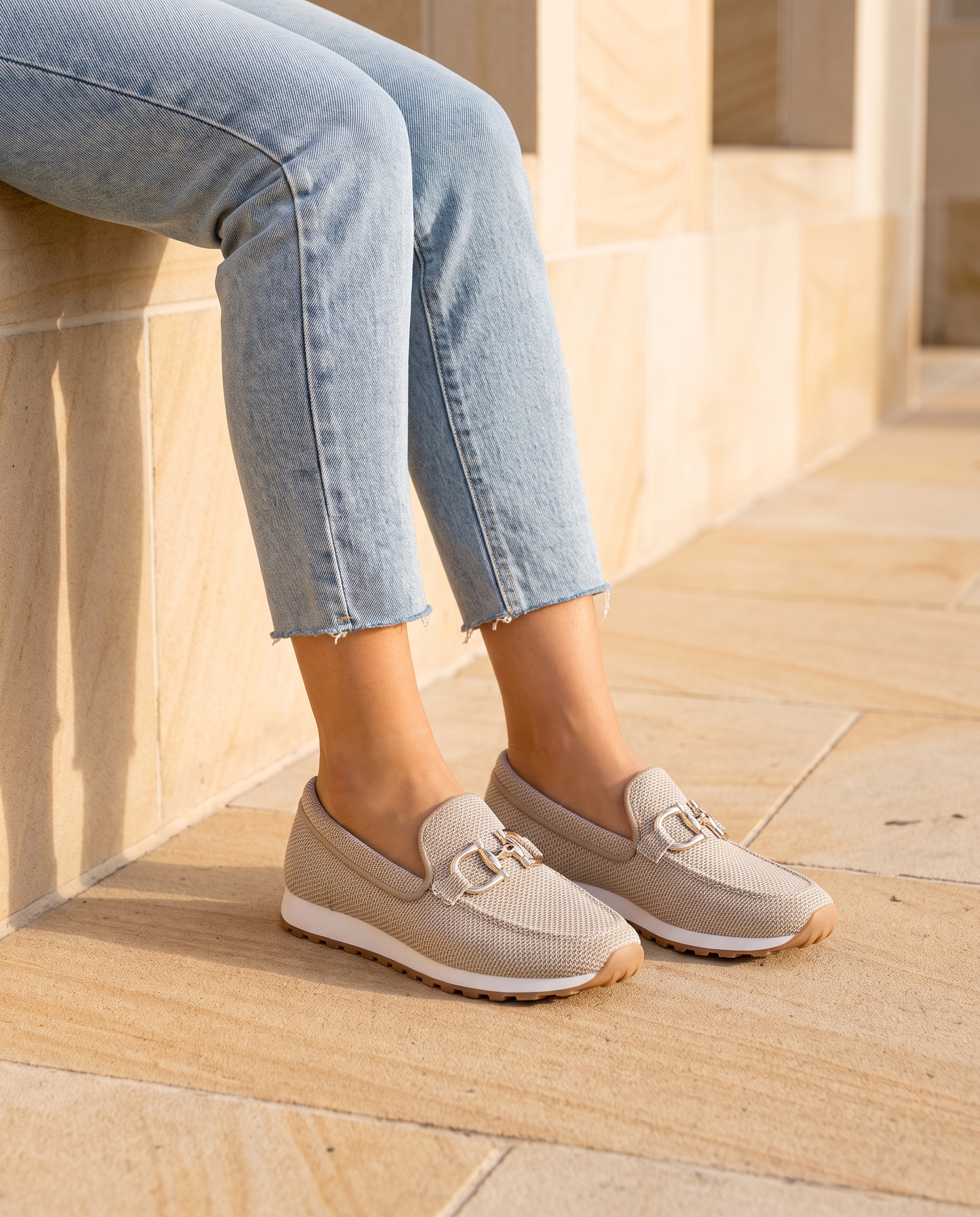 Beige loafer sneaker lifestyle on sandstone terrace