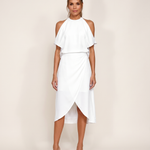 White cold shoulder halter midi dress front