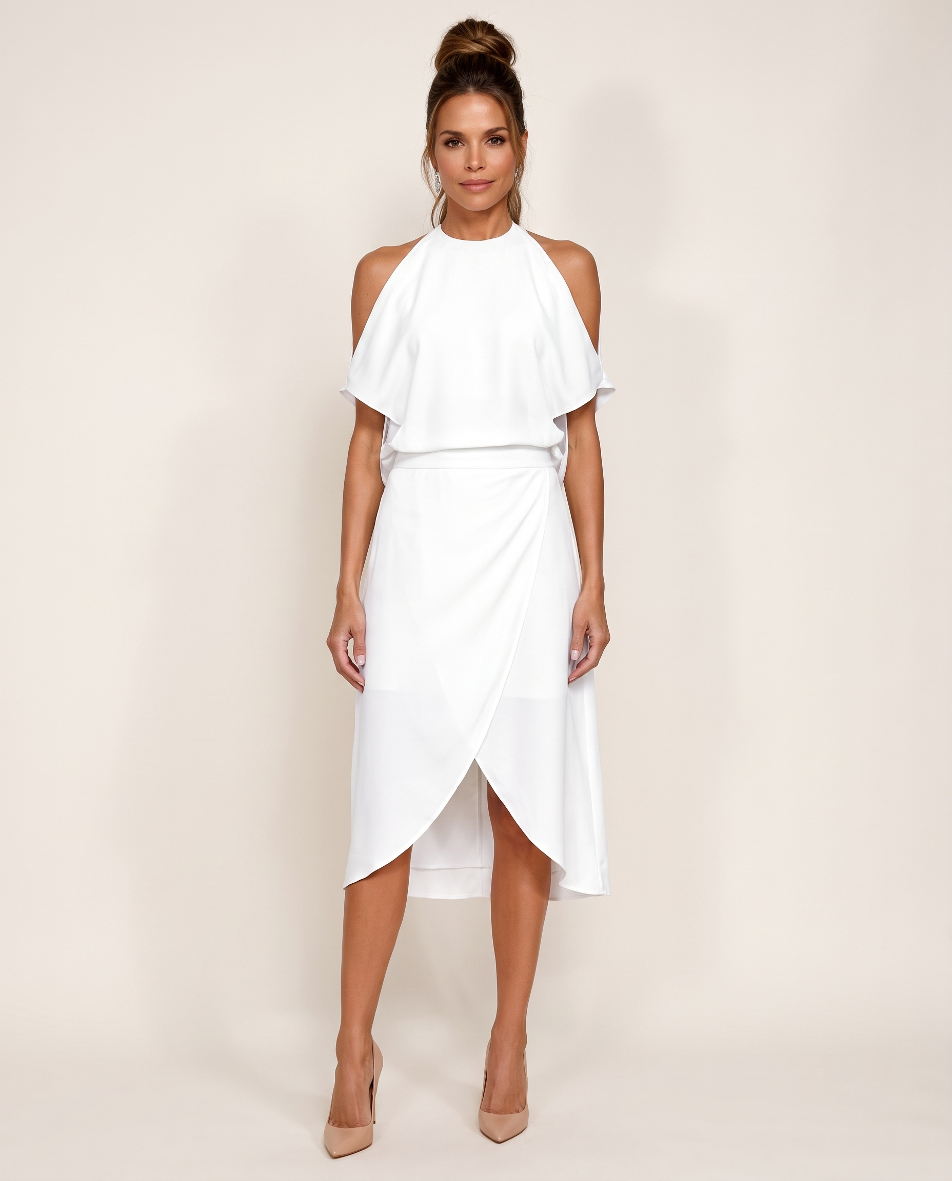 White cold shoulder halter midi dress front