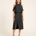 Black cold shoulder halter midi dress