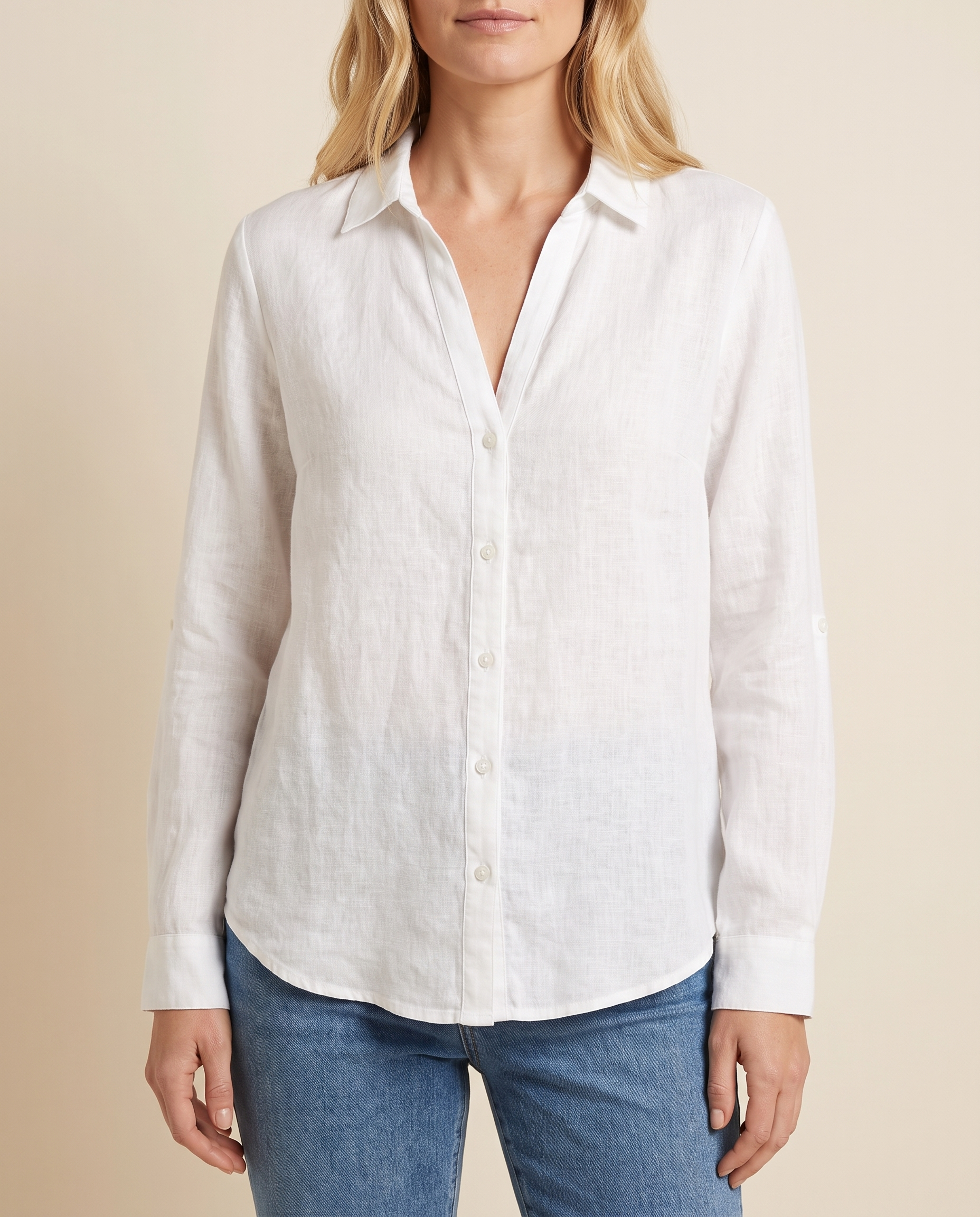 White roll tab sleeve blouse front