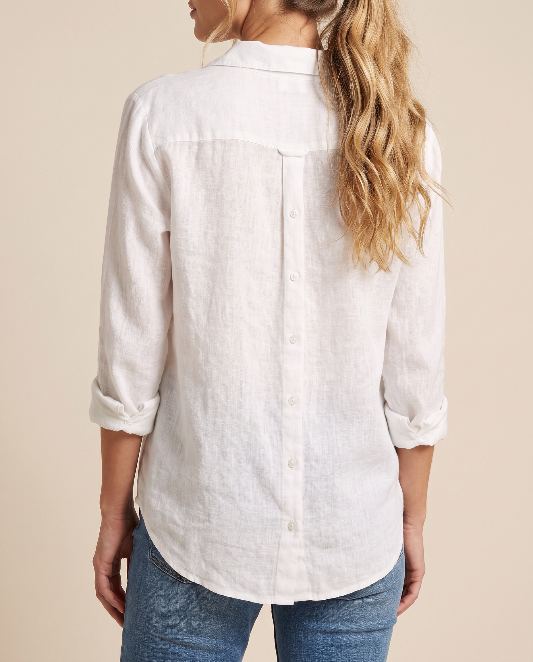 White roll tab sleeve blouse back