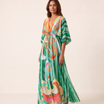 Printed Boho Maxi Dress with V Neck and Tie Waist — product detail
