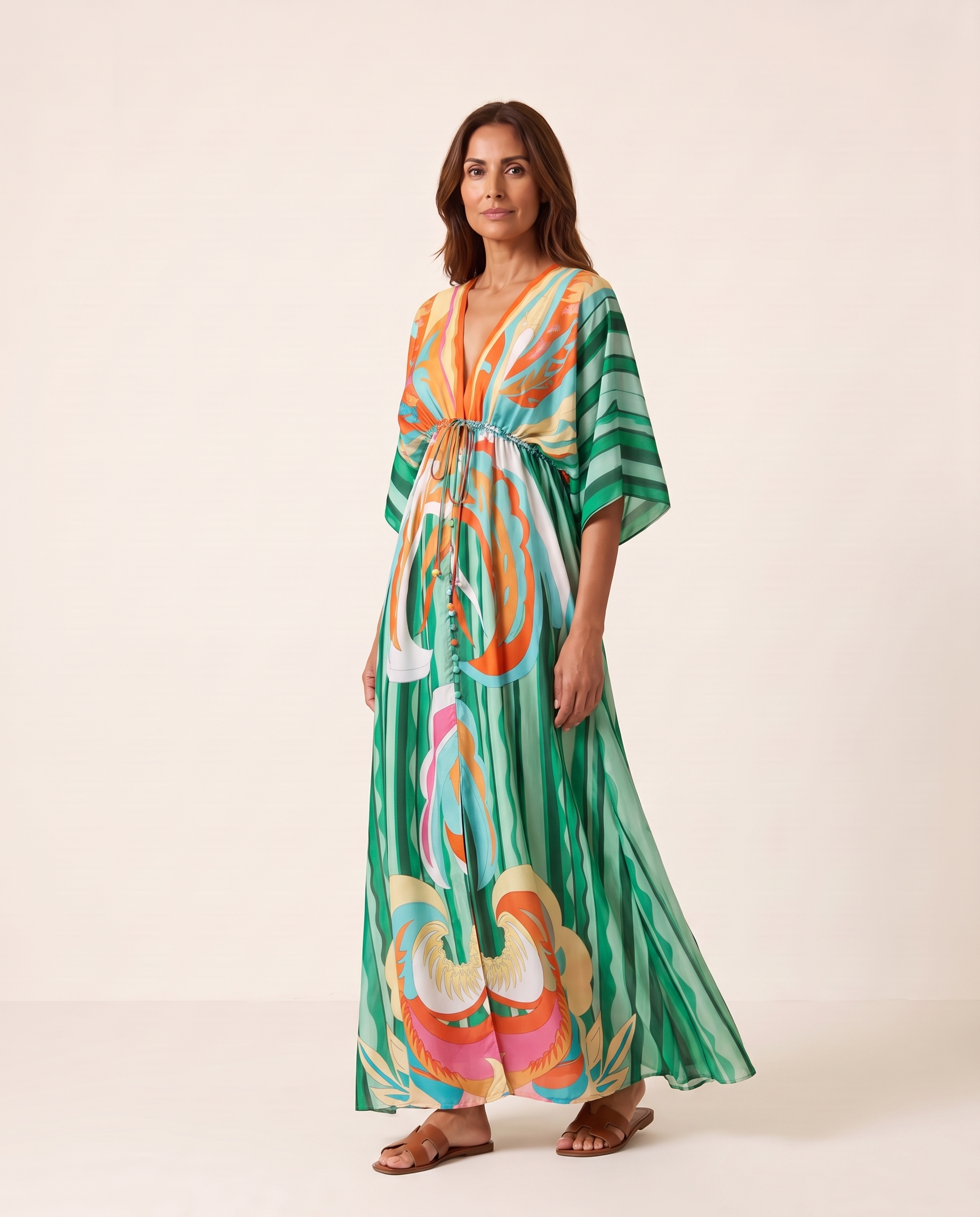 Printed Boho Maxi Dress with V Neck and Tie Waist — product detail