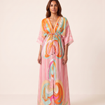Printed Boho Maxi Dress with V Neck and Tie Waist — Pink