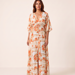 Printed Boho Maxi Dress with V Neck and Tie Waist — Apricot