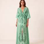 Printed Boho Maxi Dress with V Neck and Tie Waist — LIght Green