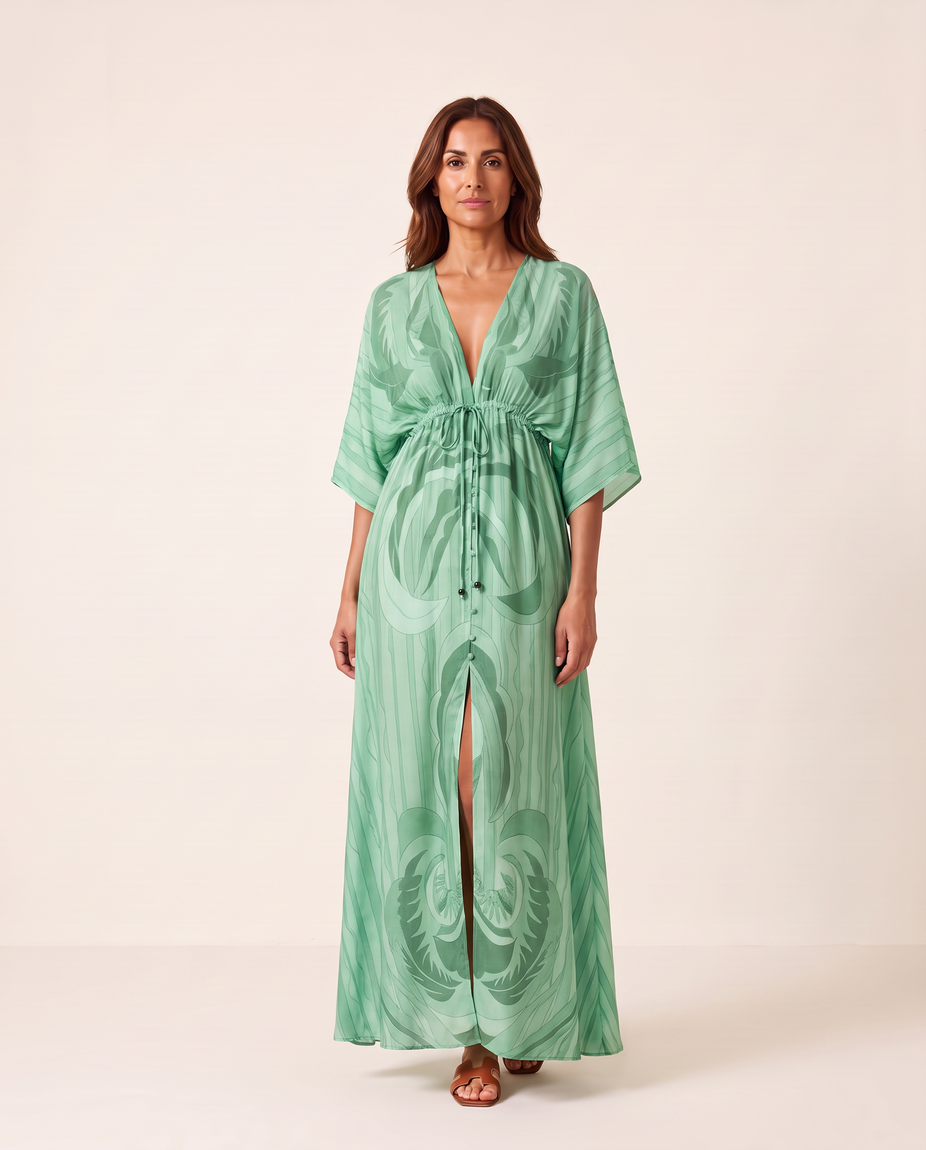 Printed Boho Maxi Dress with V Neck and Tie Waist — LIght Green
