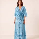 Printed Boho Maxi Dress with V Neck and Tie Waist — Blue
