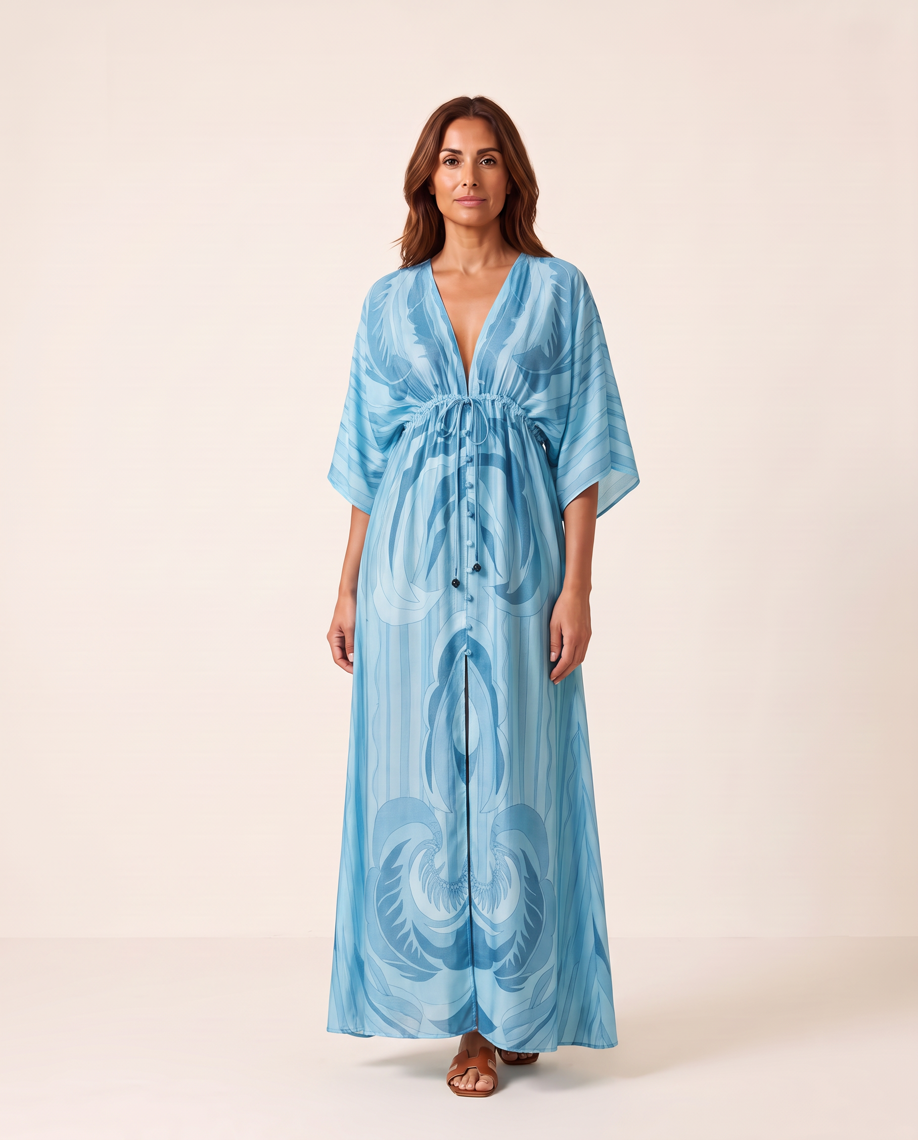 Printed Boho Maxi Dress with V Neck and Tie Waist — Blue