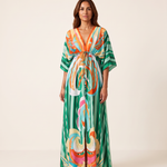 Printed Boho Maxi Dress with V Neck and Tie Waist — Green (OOS)