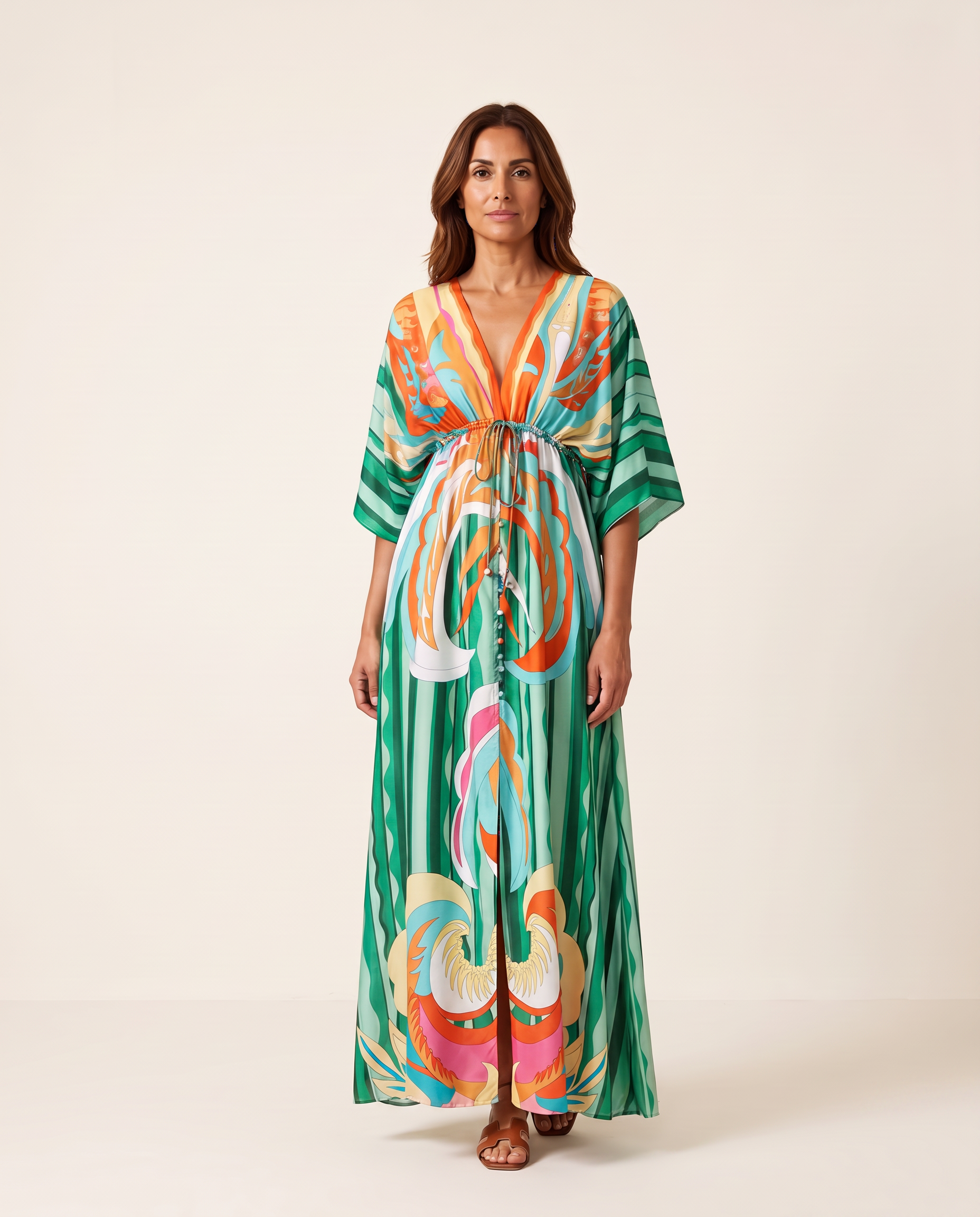 Printed Boho Maxi Dress with V Neck and Tie Waist — Green (OOS)