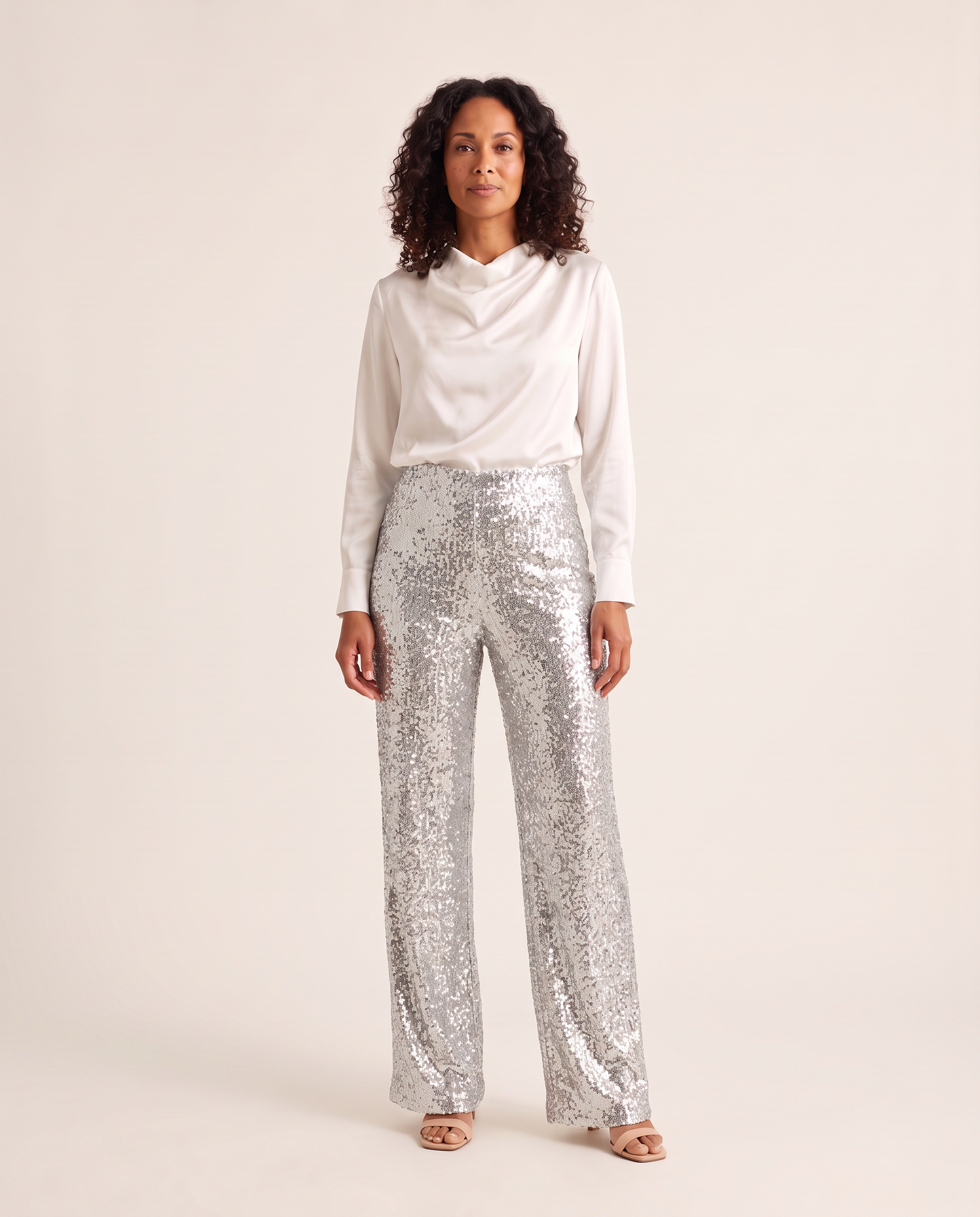 Sequin Straight Leg Pants for Women — Silver