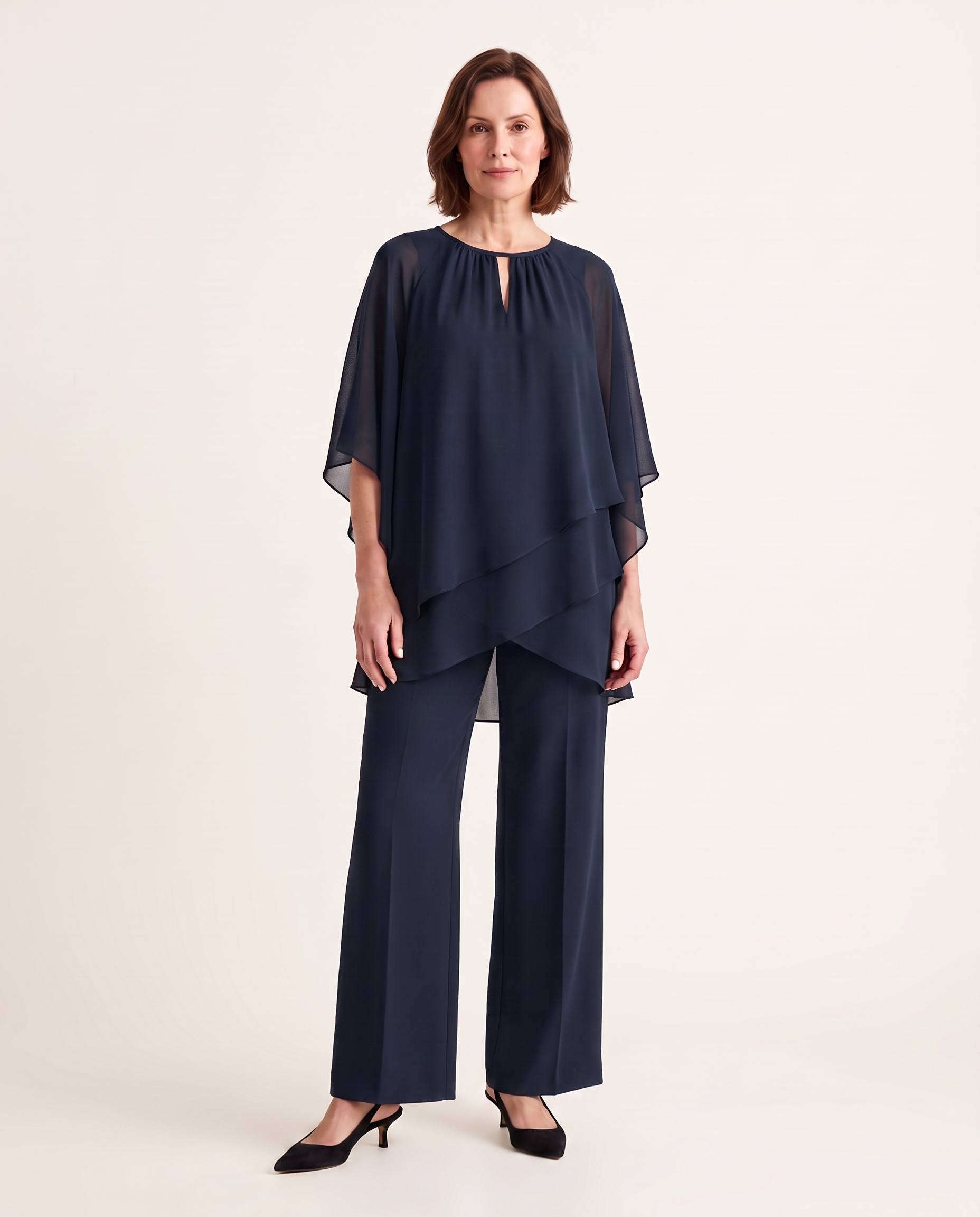 Layered Top and Wide Leg Pants Two Piece Set — Dark Blue