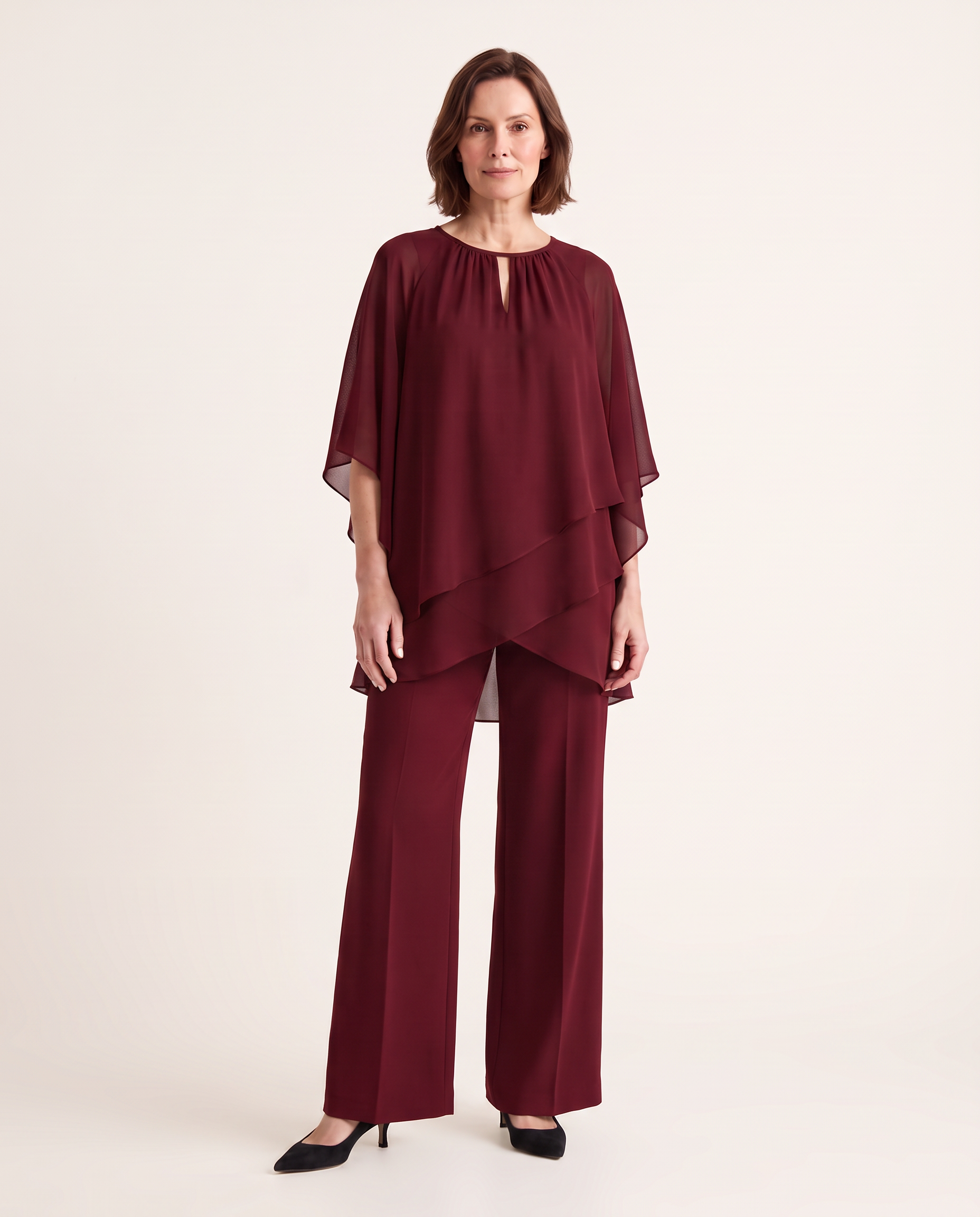 Layered Top and Wide Leg Pants Two Piece Set — Burgundy
