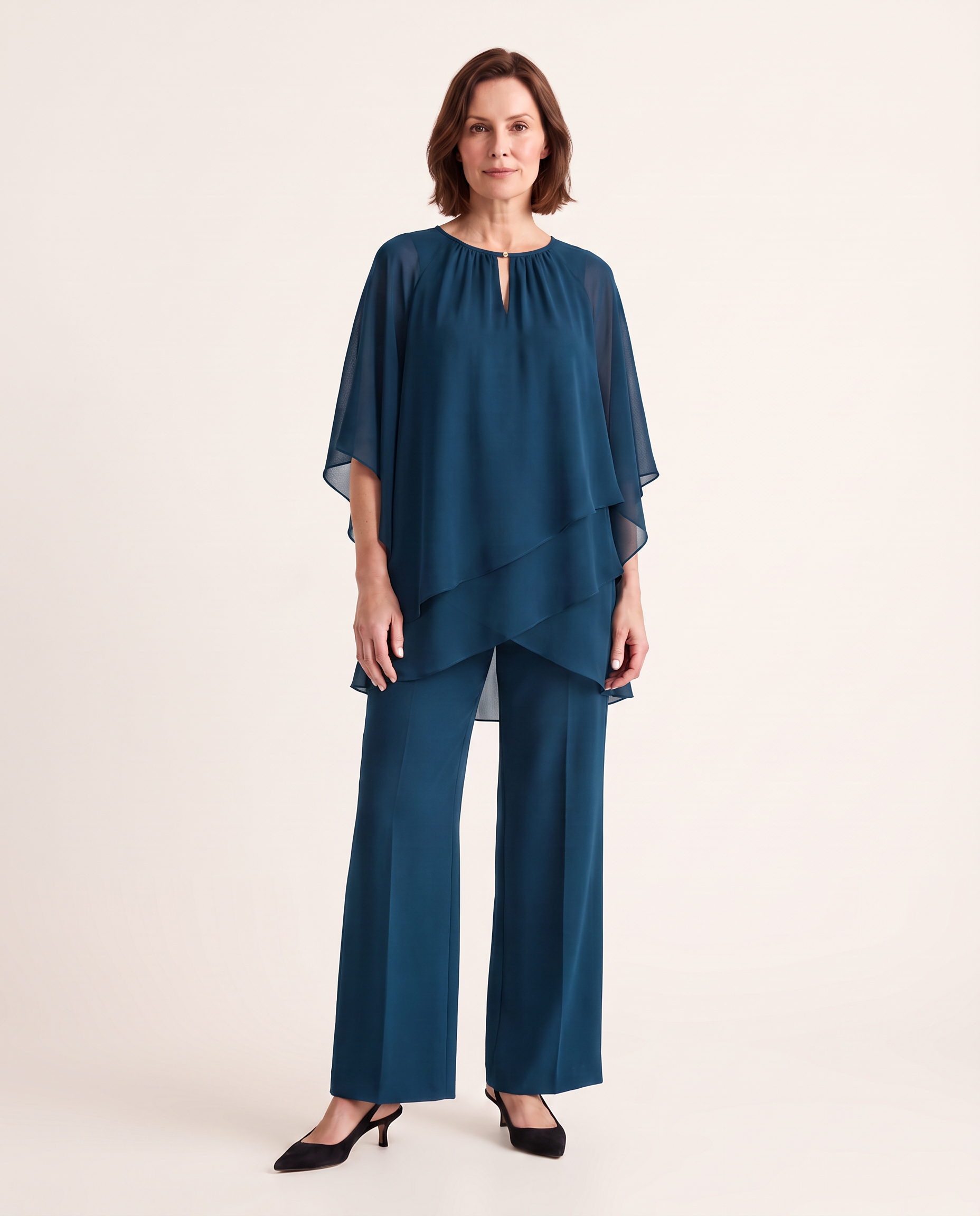 Layered Top and Wide Leg Pants Two Piece Set — Blue