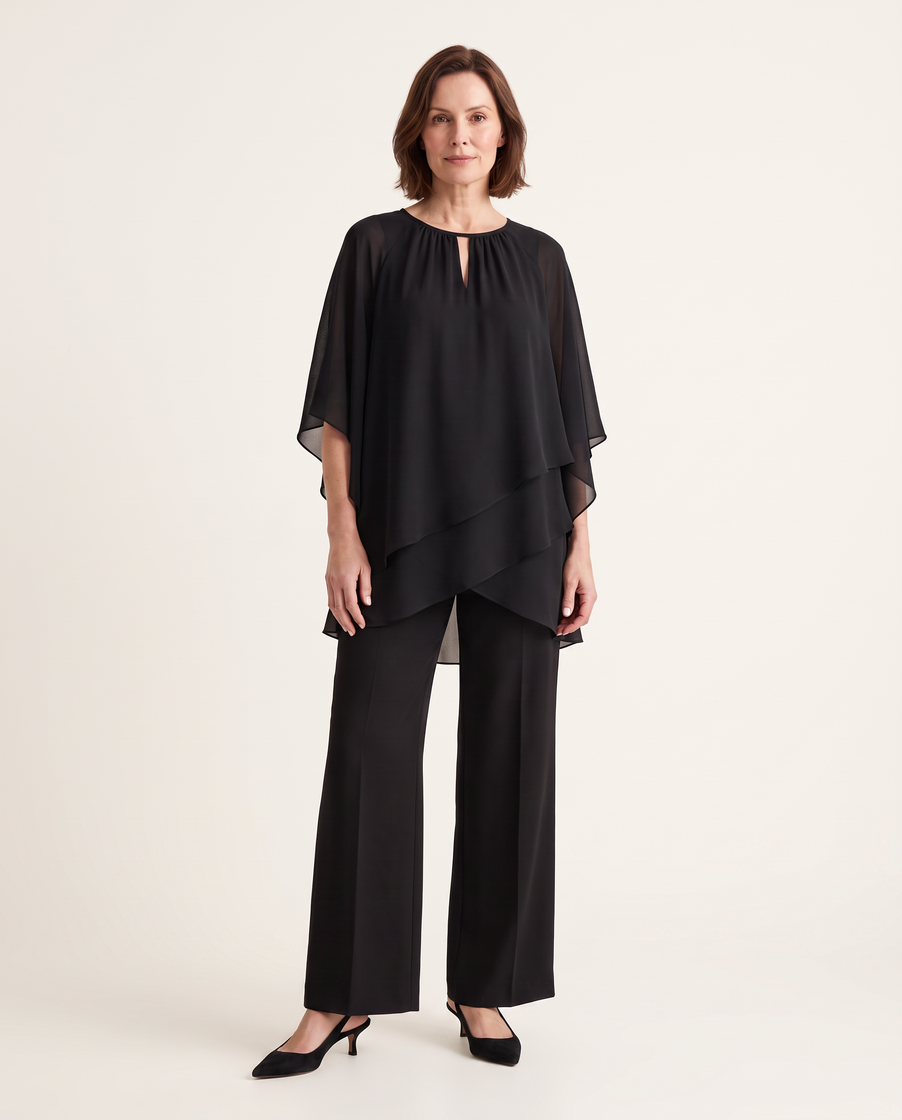 Layered Top and Wide Leg Pants Two Piece Set — Black